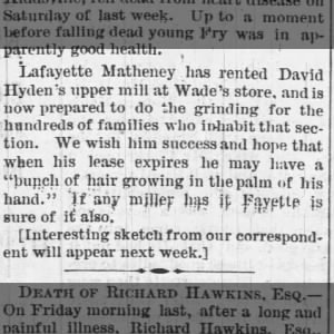 Lafayette Matheny Rents Mill Jan8,1885
